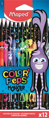 Színes ceruza készlet, háromszögletű, MAPED Color`Peps Monster, 12 különböző szín