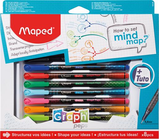 Tűfilc készlet, 0,4 mm, MAPED Graph`Peps - How to Mind Map Box, 8 különböző szín