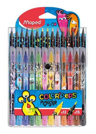 Filctoll és színes ceruza készlet, MAPED Color`Peps Monster 12+15 különböző szín