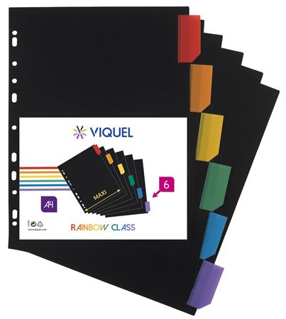 Regiszter, műanyag, A4 Maxi, 6 részes, VIQUEL Rainbow Class, fekete