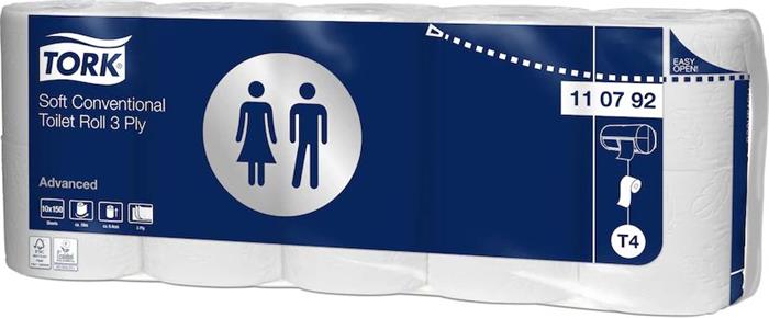 Toalettpapír, T4 rendszer, 3 rétegű, 12, 5 cm átmérő, Advanced, TORK Soft, fehér