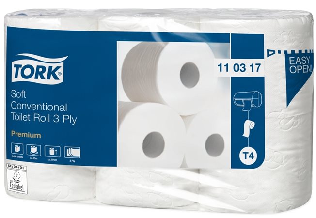 Toalettpapír, T4 rendszer, 3 rétegű, 12 cm átmérő, Premium, TORK Soft, fehér