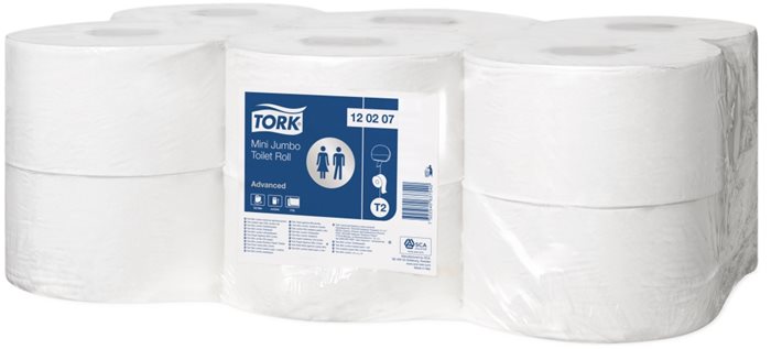 Toalettpapír, T2 rendszer, 2 rétegű, 19, 5 cm átmérő, Advanced, TORK Mini Jumbo, fehér