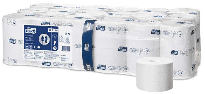 Toalettpapír, T7 rendszer, 2 rétegű, 13,1 cm átmérő, Advanced, TORK Mid-size, fehér