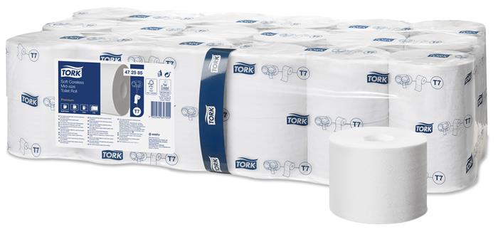 Toalettpapír, T7 rendszer, 2 rétegű, 13,1 cm átmérő, Premium, TORK Mid-size, fehér