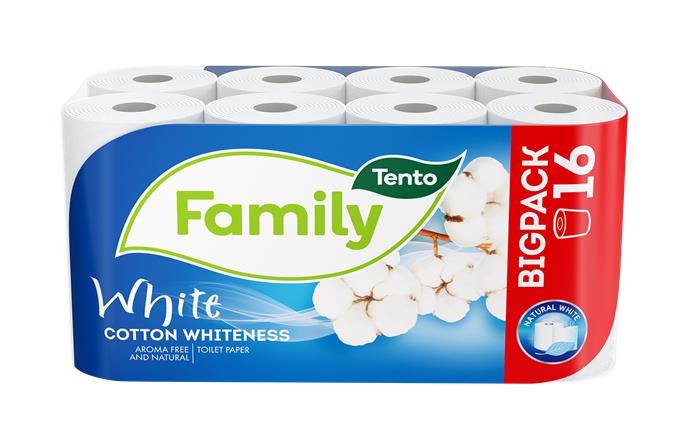 Toalettpapír, 2 rétegű, kistekercses, 16 tekercs, TENTO Family White, fehér