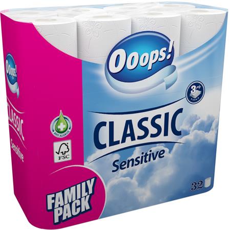 Toalettpapír, 3 rétegű, 32 tekercses, OOOPS Classic, sensitive