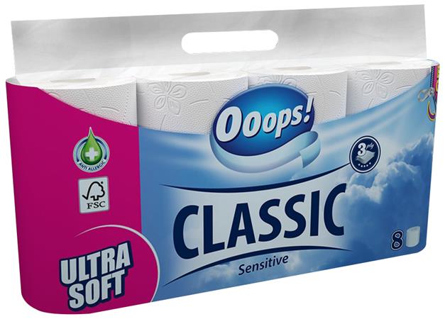 Toalettpapír, 3 rétegű, kistekercses, 8 tekercs, OOOPS Classic, sensitive