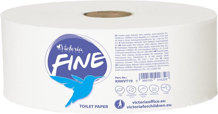 Toalettpapír, 2 rétegű, 19 cm átmérő, VICTORIA HYGIENE, Fine Mini Jumbo, fehér