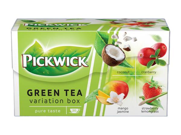 Zöld tea, 20x1,5 g, PICKWICK Zöld tea Gyümölcsös Variációk, kókusz, vörösáfonya, eper-citromfű, mangó-jázmin