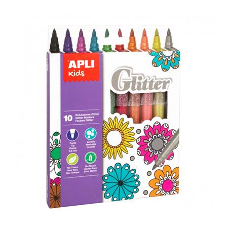 Filctoll készlet, 3,8 mm, csillámos, APLI Kids Markers Glitter, 10 különböző szín