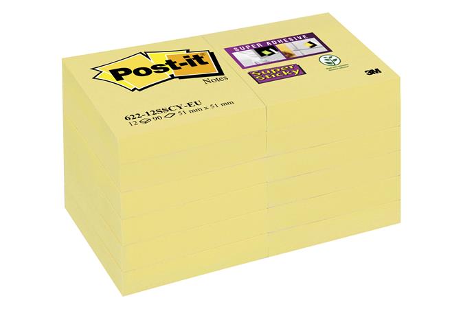 Öntapadó jegyzettömb csomag, 48x48 mm, 12x90 lap, 3M POSTIT Super Sticky, sárga