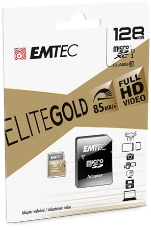 Memóriakártya, microSDXC, 128GB, UHS-I/U1, 85/20 MB/s, adapter, EMTEC Elite Gold