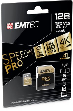 Memóriakártya, microSDXC, 128GB, UHS-I/U3/V30/A2, 100/95 MB/s, adapter, EMTEC SpeedIN