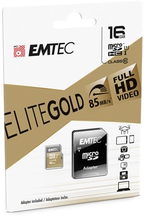 Memóriakártya, microSDHC, 16GB, UHS-I/U1, 85/20 MB/s, adapter, EMTEC Elite Gold