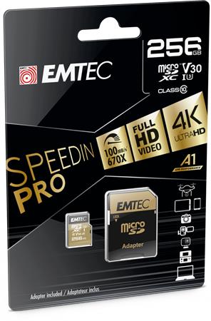 Memóriakártya, microSDXC, 256GB, UHS-I/U3/V30/A2, 100/95 MB/s, adapter, EMTEC SpeedIN
