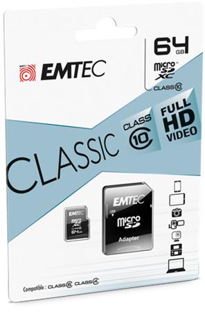 Memóriakártya, microSDXC, 64GB, CL10, 20/12 MB/s, adapter, EMTEC Classic