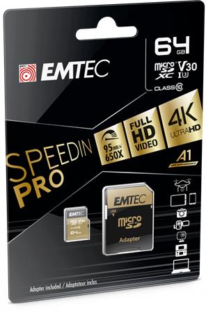 Memóriakártya, microSDXC, 64GB, UHS-I/U3/V30/A2, 100/95 MB/s, adapter, EMTEC SpeedIN