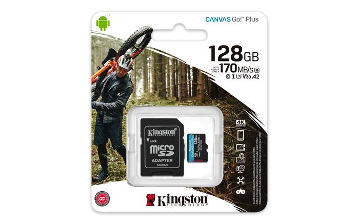 Memóriakártya, microSDXC, 128GB, C10/UHS-I/U3/V30/A2, adapter, KINGSTON Canvas Go! Plus