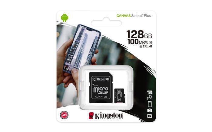 Memóriakártya, microSDXC, 128GB, CL10/UHS-I/U1/V10/A1, adapter, KINGSTON Canvas Select Plus