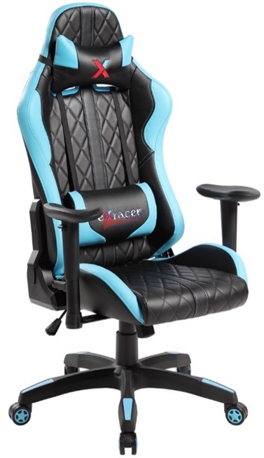 Monte-Carlo gamer szék | műbőr borítás | műanyag design lábkereszt | design görgők | fekete-világoskék