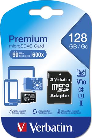 Memóriakártya, microSDXC, 128GB, CL10/U1, 90/10 MB/s, adapter, VERBATIM Premium