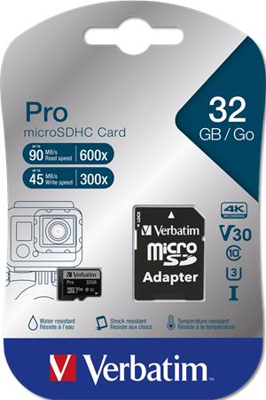 Memóriakártya, microSDHC, 32GB, CL10/U3, 90/45 MB/s, adapter, VERBATIM PRO