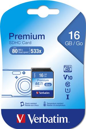 Memóriakártya, SDHC, 16GB, CL10/U1, 80/10 MB/s, VERBATIM Premium