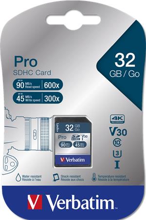 Memóriakártya, SDHC, 32GB, CL10/U3, 90/45MB/sec, VERBATIM PRO
