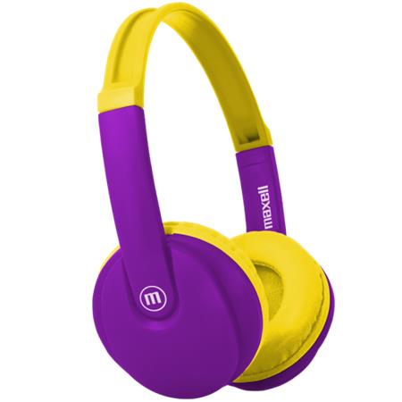 Fejhallgató, gyerek méret, vezeték nélküli, Bluetooth, mikrofonnal, MAXELL HP-BT350, lila-sárga