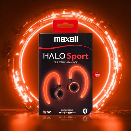 Fülhallgató, vezeték nélküli, Bluetooth, mikrofonnal, LED-es fülhallgató, MAXELL Halo Sport, fekete