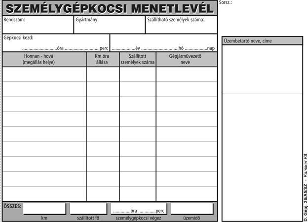 Nyomtatvány, menetlevél, személygépkocsi, 100 lap, A5, fekvő, VICTORIA PAPER, D.GÉPJ.36., 10 tömb/csomag