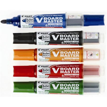 Táblamarker készlet, 2,3 mm, kúpos, tartóval és szivaccsal, PILOT V-Board Master, 5 különböző szín
