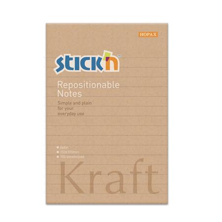 Öntapadó jegyzettömb, vonalas, 150x101 mm, 100 lap, STICK N Kraft Notes