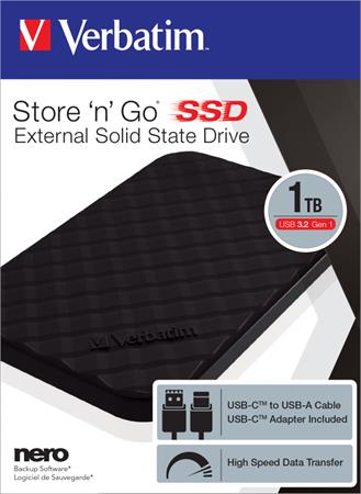 SSD (külső memória), 1TB, USB 3.2, VERBATIM Storen Go, fekete