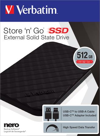 SSD (külső memória), 512GB, USB 3.2 VERBATIM Store n Go, fekete