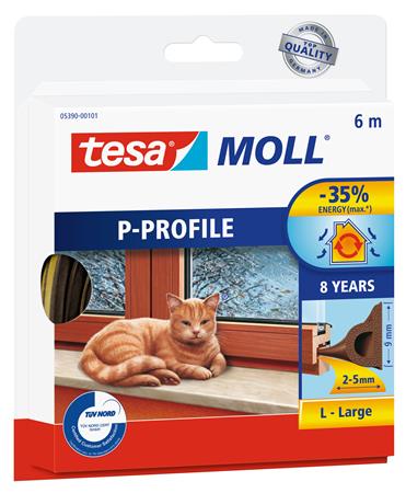 Ajtó- és ablaktömítő szalag, 9 mm x 6 m, TESA tesamoll® P profil, barna