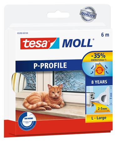 Ajtó- és ablaktömítő szalag, 9 mm x 6 m, TESA tesamoll® P profil, fehér