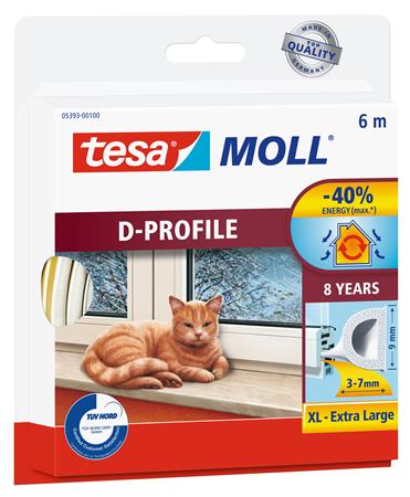 Ajtó- és ablaktömítő szalag, 9 mm x 6 m, TESA tesamoll® D profil, fehér