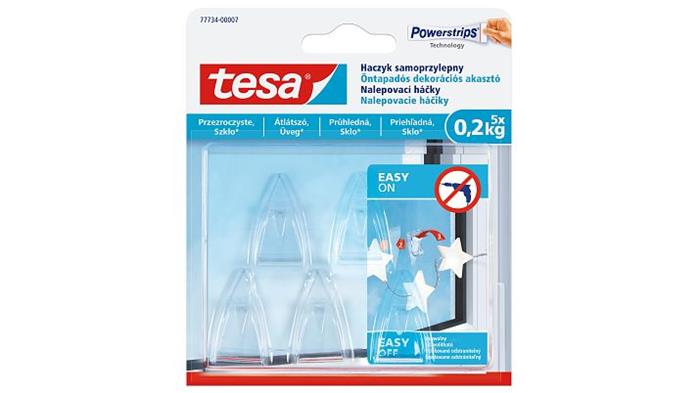 Műanyag akasztó, ragasztócsíkkal, kis méret, TESA Powerstrips®, átlátszó