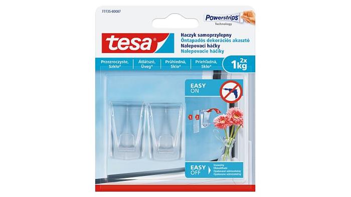 Műanyag akasztó, ragasztócsíkkal, nagy méret, TESA Powerstrips®, átlátszó