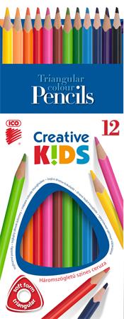 Színes ceruza készlet, háromszögletű, ICO Creative kids, 12 különböző szín
