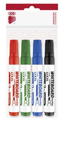 Tábla- és flipchart marker készlet, 1-4 mm, vágott, ICO Plan 12 XXL, 4 különböző szín