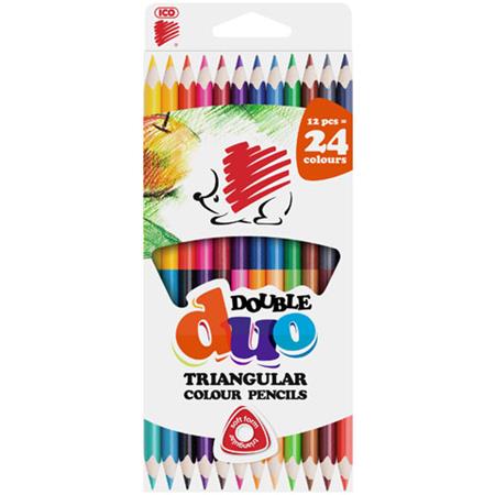 Színes ceruza készlet, kétvégű, háromszögletű, ICO Süni, 24 különböző szín