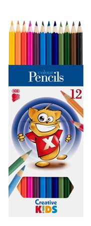 Színes ceruza készlet, hatszögletű, ICO Creative Kids, 12 különböző szín