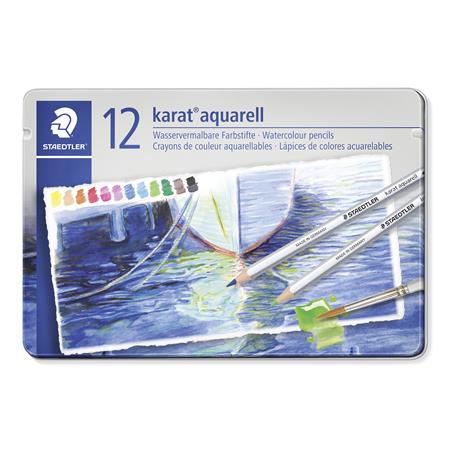 Akvarell ceruza készlet, hatszögletű, fém doboz, STAEDTLER Karat® aquarell 125, 12 különböző szín