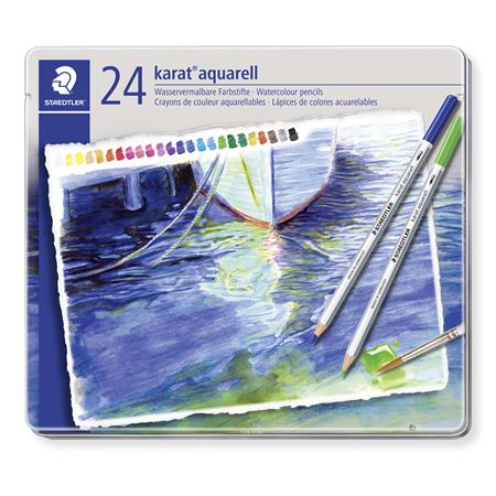 Akvarell ceruza készlet, hatszögletű, fém doboz, STAEDTLER Karat® aquarell 125, 24 különböző szín