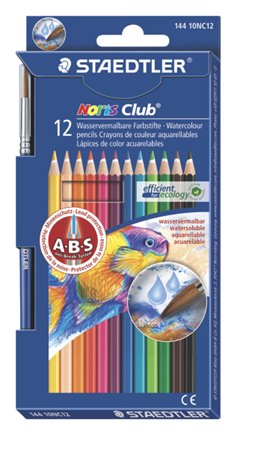 Akvarell ceruza készlet, hatszögletű, ecsettel, STAEDTLER Noris® aquarell 144 10, 12 különböző szín
