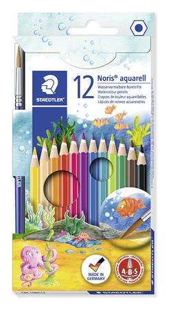 Akvarell ceruza készlet, hatszögletű, ecsettel, STAEDTLER Noris® aquarell 144 10, 12 különböző szín