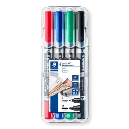 Alkoholos marker készlet, 0,6/1,5 mm, kúpos, kétvégű, STAEDTLER Lumocolor® duo 348, 4 különböző szín